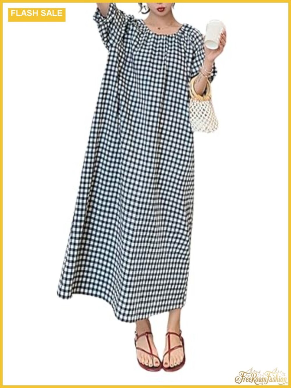 Women's Cotton Gingham Loose-Fit Swing Dress Midi Long Puff Sleeve